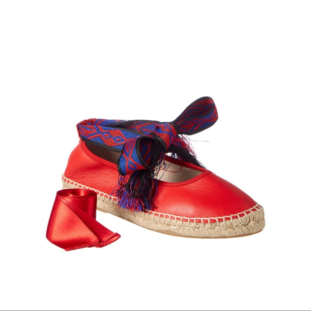SALE FREE PEOPLE MAYA WRAP RED LEATHER ESPADRILLE. RIBBON TIES
